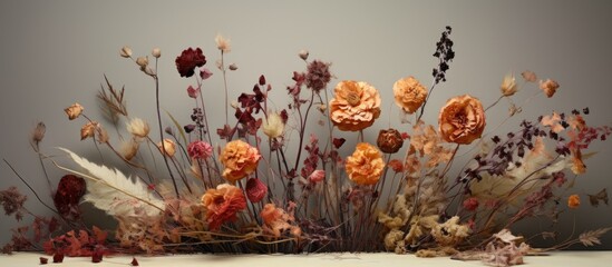 A variety of dried flowers, including roses, sunflowers, and lavender, are neatly arranged in a bunch on a wooden table. The flowers are dry and preserved,