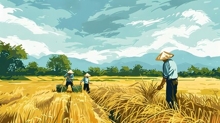 Asian farmers working on Field. Farmer harvesting vector. Hand drawn illustration.