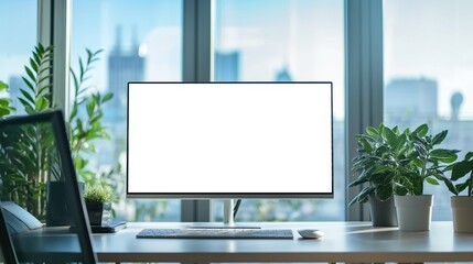 Mockup of computer monitor with blank screen in contemporary office in front of window, AI-generative