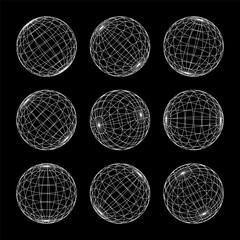 Wireframe shapes, lined sphere. Perspective mesh, 3d grid. Low poly geometric elements. Retro futuristic design elements, y2k, vaporwave and synthwave style. Vector illustration