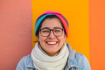 Happy hispanic lesbian young woman looking at the camera on a colorful background - obrazy, fototapety, plakaty