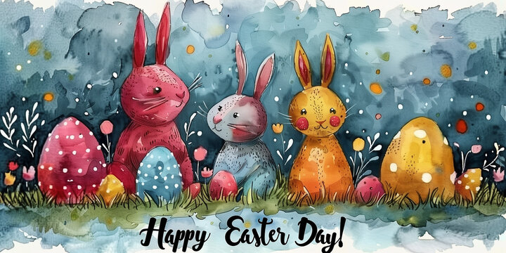 Watercolor card with bunnies and Easter eggs and the inscription "Happy Easter Day!". Cute drawing in the style of children's fairy tales. AI generated stock image