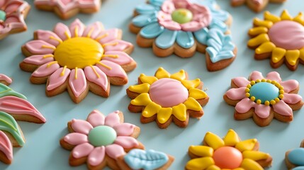Fototapeta na wymiar Colorful summer cookies in the shape of sun and flowers
