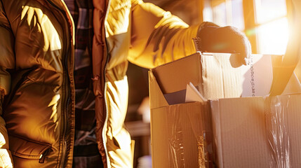 A person in a yellow jacket moving cardboard boxes in a sunlit room indicative of packing or unpacking activities