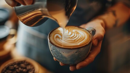 Barista making pouring stream milk with coffee latte art pattern heart shape - obrazy, fototapety, plakaty