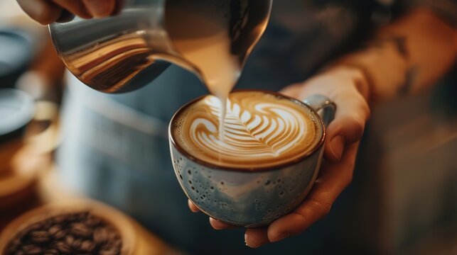 Naklejki Barista making pouring stream milk with coffee latte art pattern heart shape