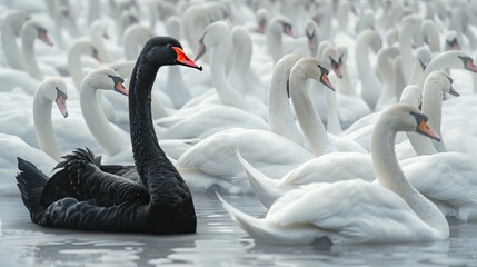 A black swan among a flock of white swans Hold your head up confidently It is a symbol of uniqueness. and stand out from the crowd. It represents the idea of being different and having unique qualitie