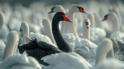 Foto op Aluminium A black swan among a flock of white swans Hold your head up confidently It is a symbol of uniqueness. and stand out from the crowd. It represents the idea of being different and having unique qualitie © Saowanee