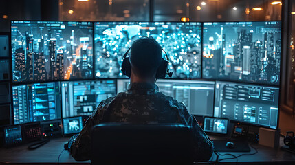 Military watchdogs are working on a city monitoring operation at the Central Office for Cyber Control - obrazy, fototapety, plakaty