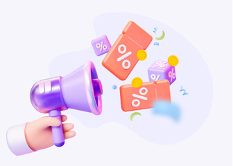 The announcement of the sale. A hand with a megaphone and red flying coupons. Creative 3d vector holiday illustration