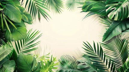 Fototapeta na wymiar Exotic tropical leaves with a central space for text, evoking a sense of lush greenery