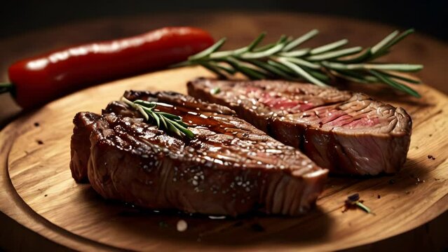 Sliced grilled meat steak with rosemary on wooden board,