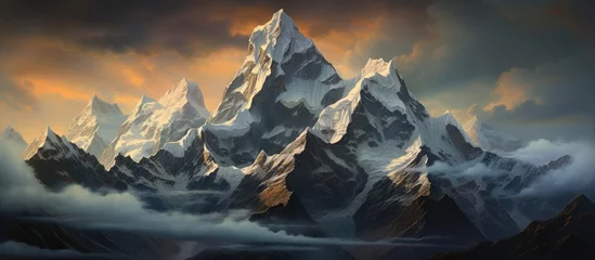 Gordijnen A landscape painting depicting a snowy mountain under a cloudy sky, capturing the serene atmosphere of a natural landscape in winter © 2rogan