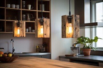 Pendant Lighting Panache: Reclaimed Wood Strategies for Industrial-Chic Kitchen Concepts - obrazy, fototapety, plakaty