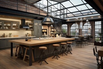 Fototapeta na wymiar Spacious Industrial-Chic Kitchen: Open Plan Layout Inspiration