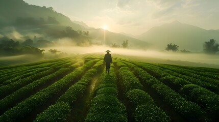 Cultivating prosperity. Life of agricultural worker. Morning mist on tea farm. Farmer tale. Sustainable farming. Nurturing nature growing food - obrazy, fototapety, plakaty