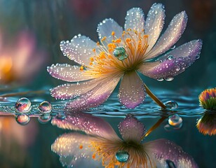 water drops on magical flowers in amazing colors