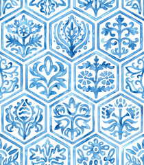 Seamless moroccan pattern. Hexagonal vintage tile. Blue and white watercolor ornament painted with paint on paper. Handmade. Print for textiles. Set grunge texture.