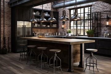 Fototapeta na wymiar Vintage Industrial Light Fixtures & Dark Cabinets: Industrial-Chic Kitchen Concepts with Reclaimed Wood Touch