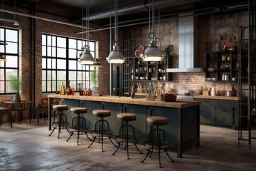 Fototapeta na wymiar Open Space Warehouse Style: Industrial-Chic Kitchen Concepts
