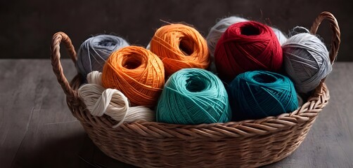 Colorful Assortment of Yarn Balls in a Woven Basket for Crafting