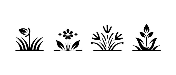 Set silhouette style logo with plant theme, nature icons on white background.
