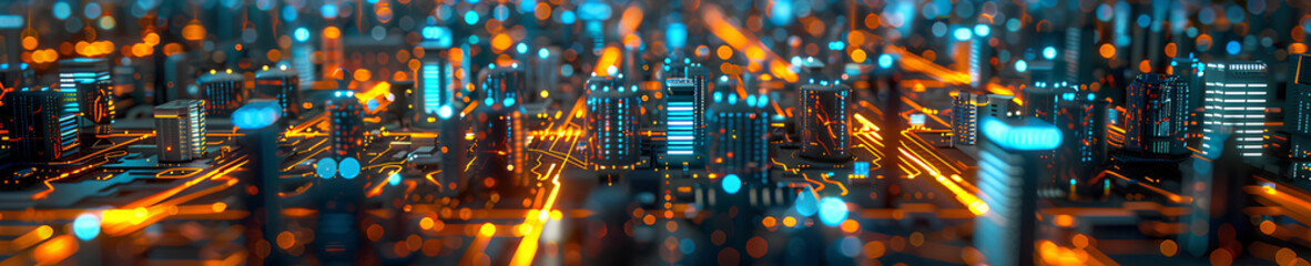 A conceptual visualization of a smart city with glowing structures on a digital circuit board, symbolizing urban technology integration concept. AIG41 - obrazy, fototapety, plakaty