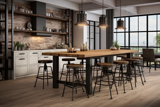 Metal Bar Stools: Industrial Chic Kitchen with Wood Dining Table & Pendant Lights