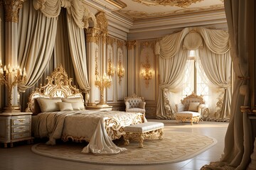 Lavish Drapery and Intricate Patterns: Royal Bedroom Luxury Inspo - obrazy, fototapety, plakaty