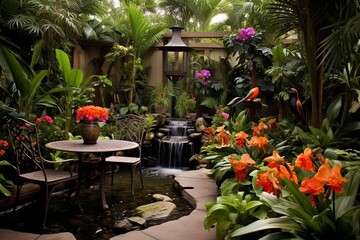 Fototapeta na wymiar Wildlife Oasis: Lush Tropical Backyard Patio Inspirations with Bird Baths