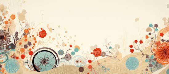 An art piece featuring a painting of flowers and a bicycle wheel on a white background, with a liquidlike pattern and circle motifs. A fashionable illustration including petals and a water font - obrazy, fototapety, plakaty