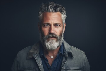 Portrait of a handsome mature man with gray beard and mustache. Men's beauty, fashion.
