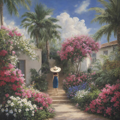 An oil painting of blooming garden and woman with big hat