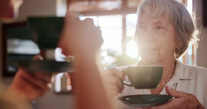 Elderly woman, tea cup or friend for retirement, talk and bonding together on sunny morning in home. Female senior citizen, smile and coffee for conversation, relax and empathy as trust and support