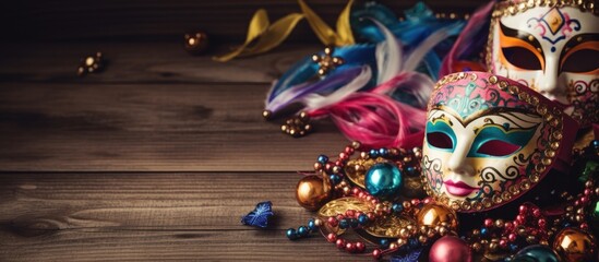 Fototapeta premium Violet and electric blue Mardi Gras masks and beads displayed on a beautiful hardwood table. The intricate jewelry pieces are a form of body art representing the festive event