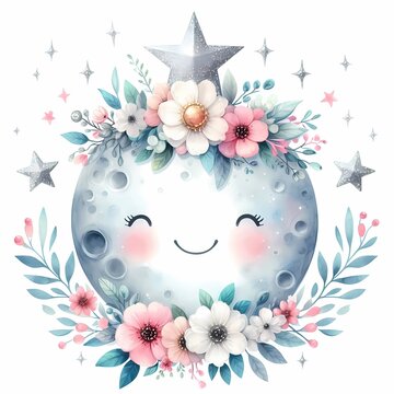 Round moon with smiley face cute flower wreath.