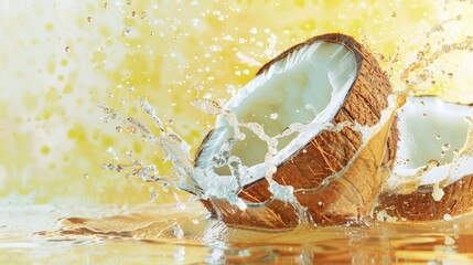A coconut halves are splashing in a yellow liquid, AI