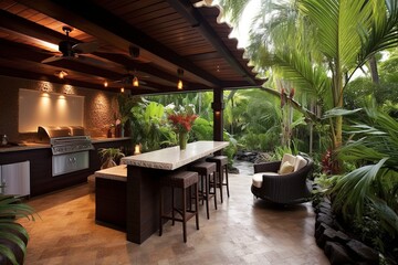 Fototapeta premium Tropical Paradise: Luxe Backyard Patio with Outdoor Kitchen & Stylish Bar Stools