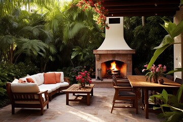 Fototapeta premium Lush Tropical Backyard Patio: Inspiring Outdoor Fireplace & Cozy Seating Haven