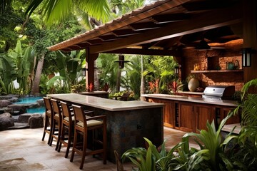 Fototapeta na wymiar Lush Tropical Backyard Patio: Outdoor Kitchen & Bar Stool Paradise