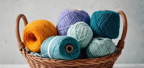 Colorful Assortment of Yarn Balls in a Woven Basket for Crafting