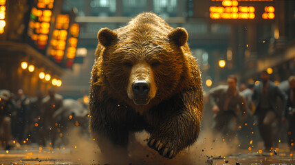 Bear Market - Bear running across floor of stock exchange - down stock market - stock prices dropping - close-up shot 