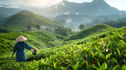 Large tea leaves in India are collected by women and men from tea plantations during the seasonal summer. The tea harvesting process is an integral part of the tea extraction concept - obrazy, fototapety, plakaty