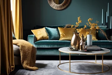 Fototapeten Glistening Gold Accents: Luxe Velvet and Gold Living Room Ideas with Plush Velvet Sofas © Michael