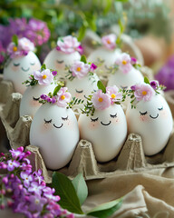 Happy Easter. Hand Decorated Easter Eggs with Florals