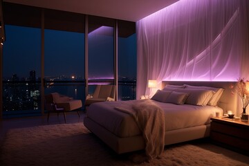 Opulent Penthouse Bedroom Decor: Ambient Lighting and Layered Illumination Delights