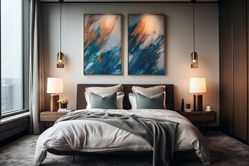 Artful Elegance: Luxurious Penthouse Bedroom Decor and Curated Artwork