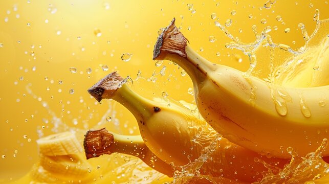 A bunch of bananas are being splashed with water in a yellow background, AI