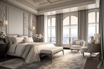 Grandeur Elegance: Luxurious Penthouse Bedroom Decor with Floor-to-Ceiling Curtains - obrazy, fototapety, plakaty