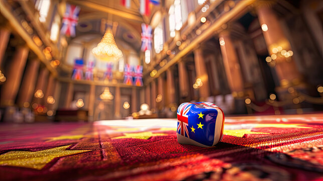 A single dice with UK and EU flags on its faces foreground focus inside a grand ornately decorated hall